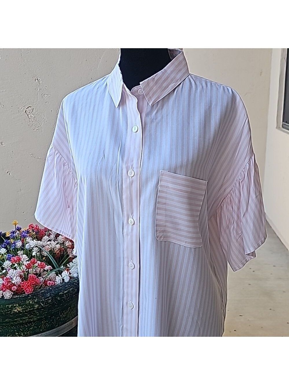 Limited lightweight pink stripped cape sleeved blouse size small